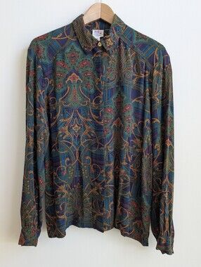 Vintage 14 TanJay Soft Rayon Dark Patterned Button Down Shirt Blouse Top